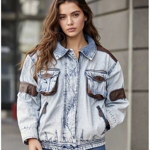 Prezzia Unisex Medium Acid Washed Denim Lined Jacket Vintage 80's Brown‎ Accents